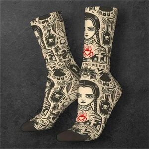 🆕 Pair Of Harajuku Vintage Style Wednesday Addams Crew Socks - Streetwear